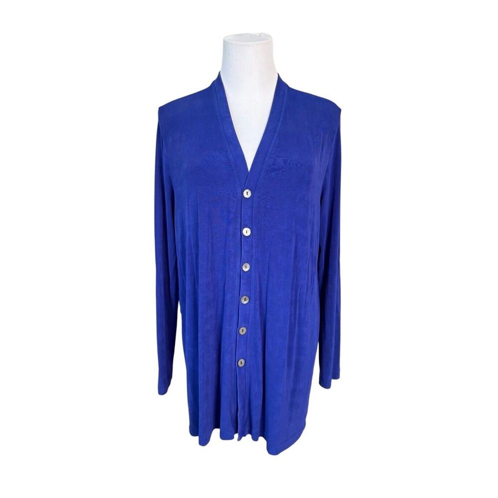 Chico's Royal Blue Mother of Pearl Button Up‎ Long Cardigan sz 2 Large (12-14)